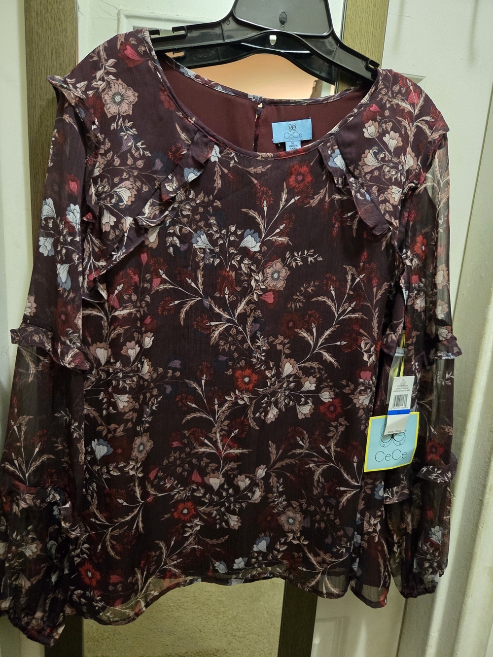 CeCe Floral Ruffle Long-Sleeve Blouse in Burgundy